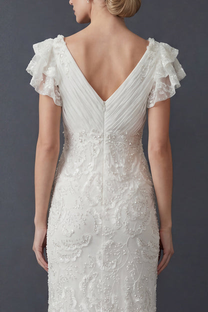 Sparkly White Sheath Maxi V Neck Beaded Ruffled Boho Wedding Dress