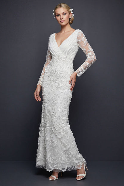 Sparkly White V-Neck Beaded Appliqued Maxi Mermaid Floral Boho Wedding Dress