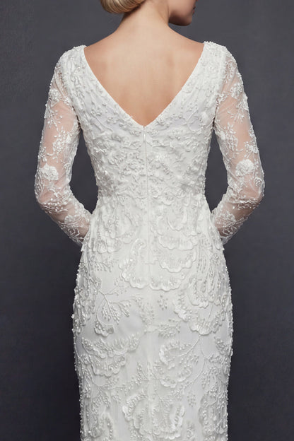 Sparkly White V-Neck Beaded Appliqued Maxi Mermaid Floral Boho Wedding Dress