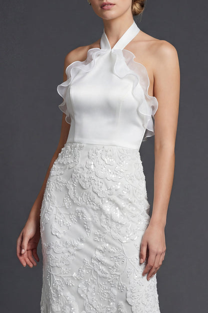 Sparkly White Halter Sheath Appliqued Ruffled Boho Wedding Dress