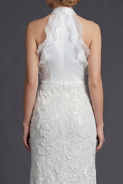 Sparkly White Halter Sheath Appliqued Ruffled Boho Wedding Dress