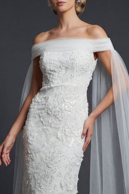Sparkly White Off the Shoulder Beaded Maxi Mermaid Floral Boho Wedding Dress