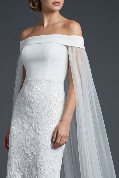 White Off the Shoulder Sparkly Beaded Maxi Mermaid Floral Boho Wedding Dress with Cape