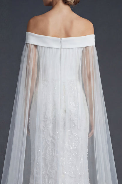 White Off the Shoulder Sparkly Beaded Maxi Mermaid Floral Boho Wedding Dress with Cape