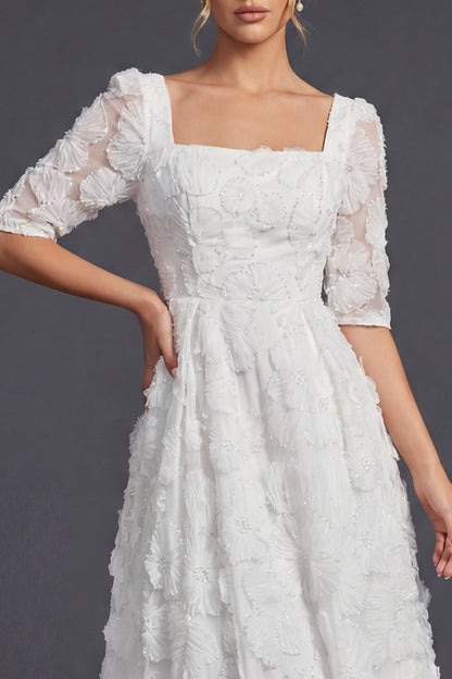 Sparkly White Beaded Square Neck Floral Maxi Boho Wedding Dress