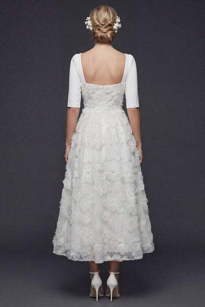 Sparkly White Beaded Maxi Floral A Line Half Sleeves Boho Wedding Dress