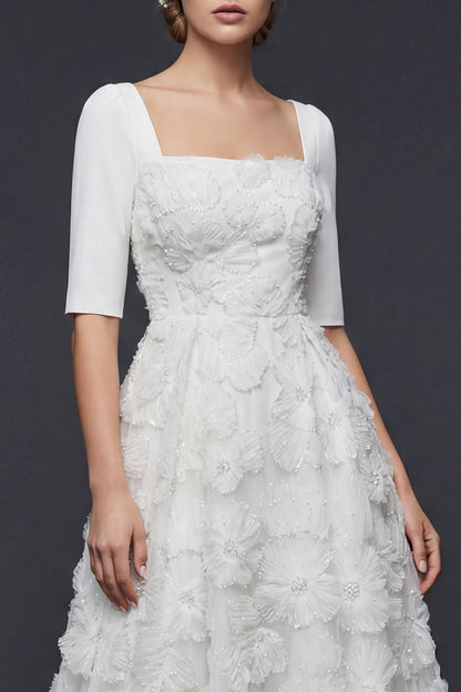 Sparkly White Beaded Maxi Floral A Line Half Sleeves Boho Wedding Dress