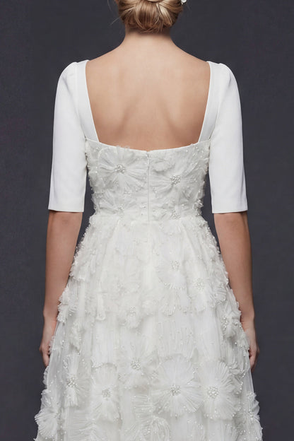 Sparkly White Beaded Maxi Floral A Line Half Sleeves Boho Wedding Dress