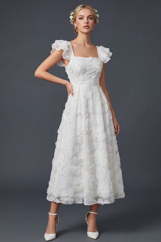 Sparkly White Ruffled Beaded Maxi Floral Boho Wedding Dress