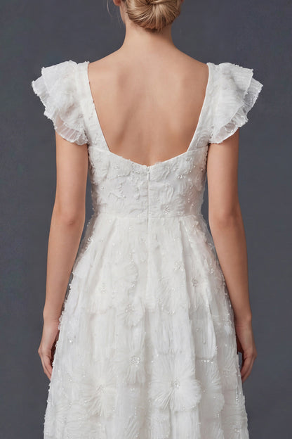 Sparkly White Ruffled Beaded Maxi Floral Boho Wedding Dress