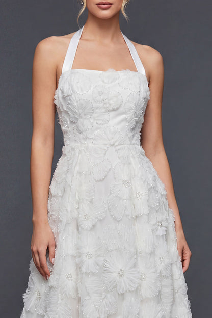 White A Line Halter Maxi Floral Boho Wedding Dress