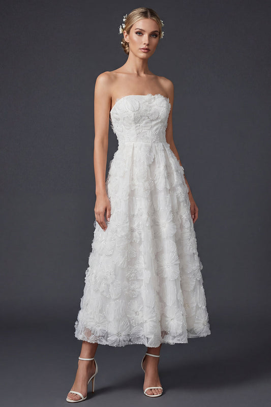 White A Line Strapless Maxi Floral Boho Wedding Dress