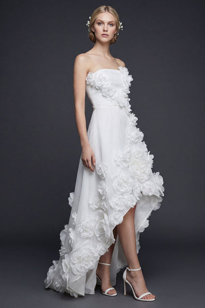 White Strapless A Line High-Low Boho Wedding Dress with 3D Flowers