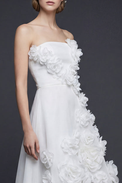 White Strapless A Line High-Low Boho Wedding Dress with 3D Flowers
