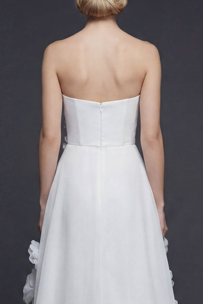 White Strapless A Line High-Low Boho Wedding Dress with 3D Flowers