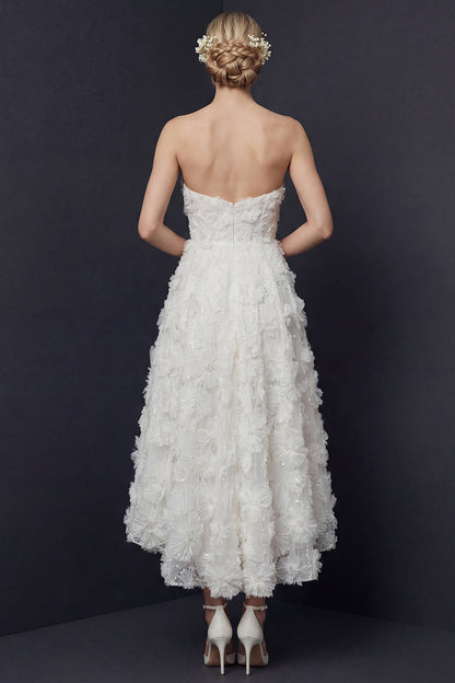 White A Line Strapless High-Low Floral Boho Wedding Dress