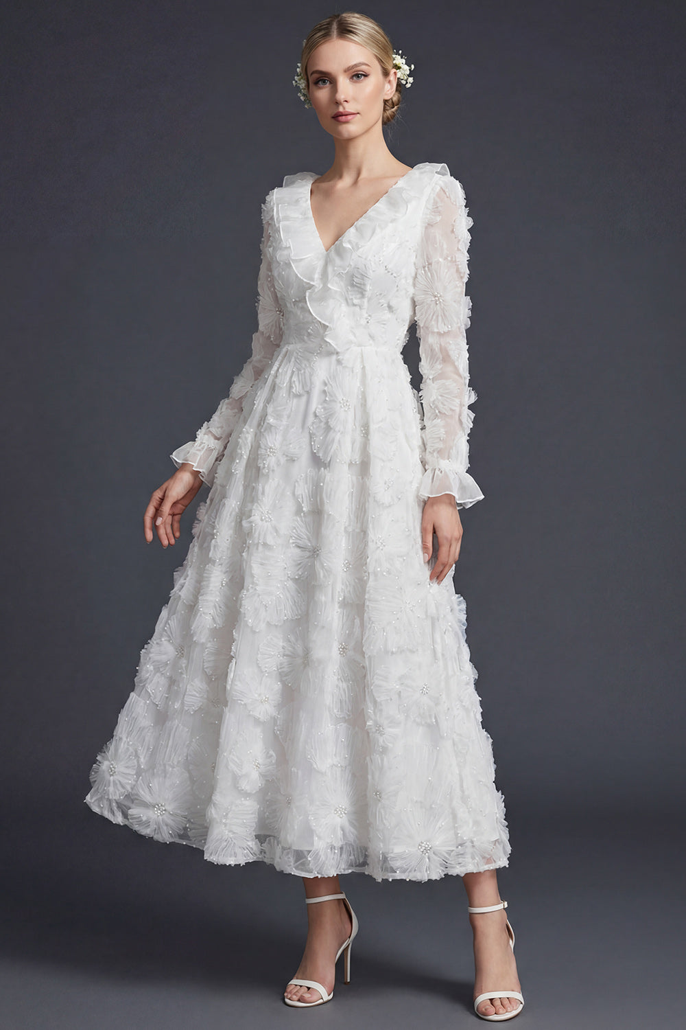Sparkly White Ruffled Beaded Floral Maxi Appliqued Boho Wedding Dress
