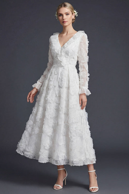 Sparkly White Ruffled Beaded Floral Maxi Appliqued Boho Wedding Dress