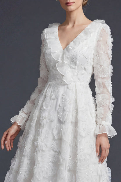 Sparkly White Ruffled Beaded Floral Maxi Appliqued Boho Wedding Dress