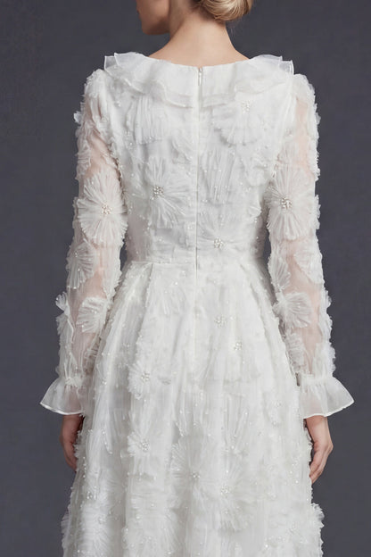 Sparkly White Ruffled Beaded Floral Maxi Appliqued Boho Wedding Dress