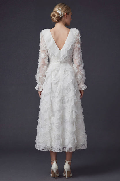 Sparkly White Beaded Ruffled Maxi Floral Boho Wedding Dress with Sleeves