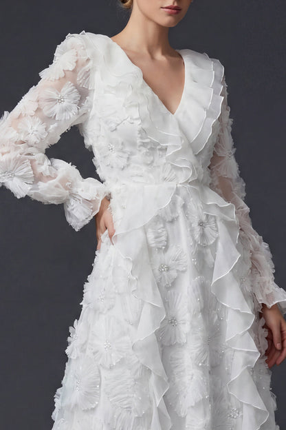 Sparkly White Beaded Ruffled Maxi Floral Boho Wedding Dress with Sleeves