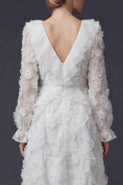 Sparkly White Beaded Ruffled Maxi Floral Boho Wedding Dress with Sleeves