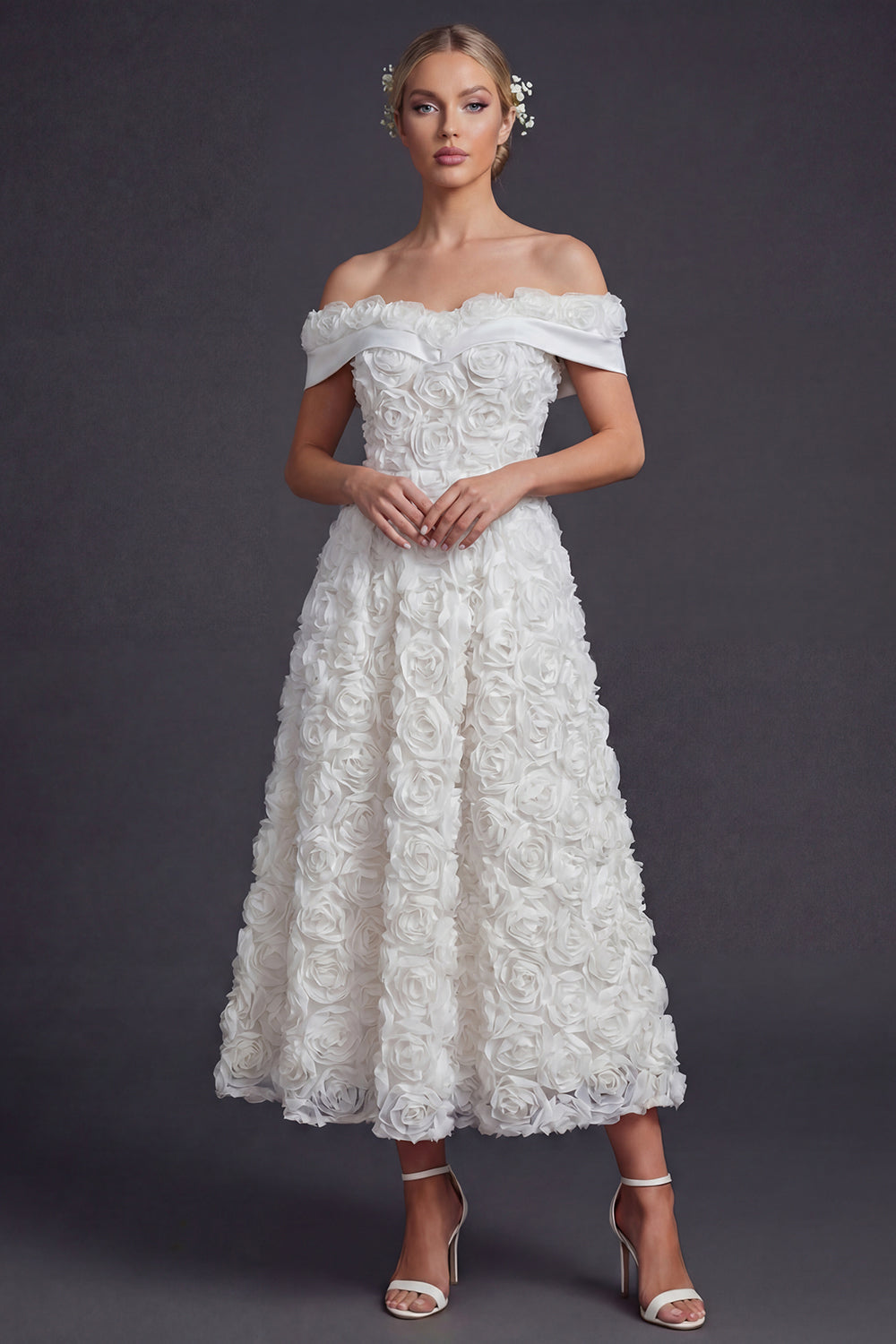 White A Line Off the Shoulder Maxi Boho Wedding Dress with 3D Flowers