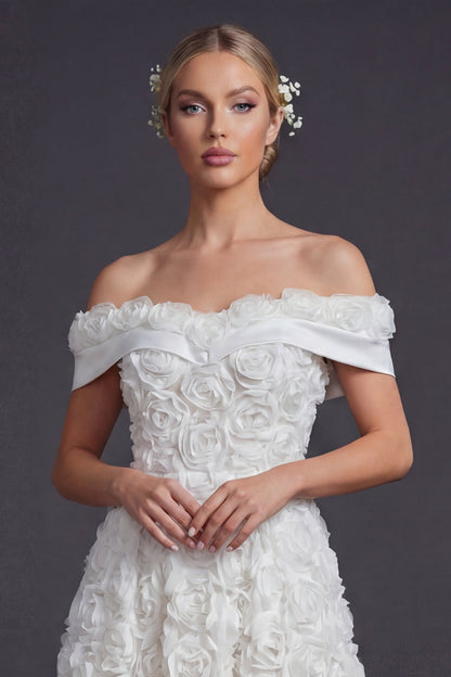 White A Line Off the Shoulder Maxi Boho Wedding Dress with 3D Flowers
