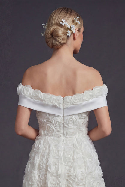 White A Line Off the Shoulder Maxi Boho Wedding Dress with 3D Flowers