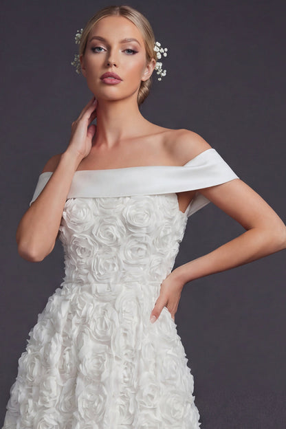 White Off the Shouler Maxi A Line Boho Wedding Dress with 3D Flowers