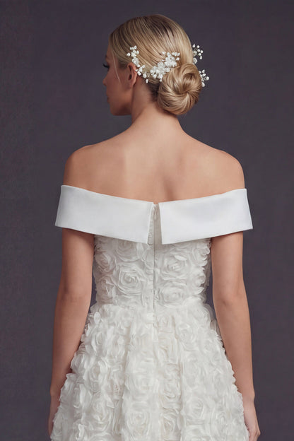 White Off the Shouler Maxi A Line Boho Wedding Dress with 3D Flowers