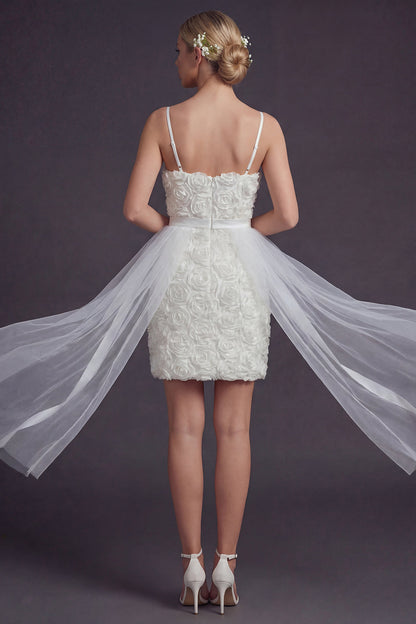 White Bodycon Short Floral Spaghetti Straps Boho Wedding Dress with Cape