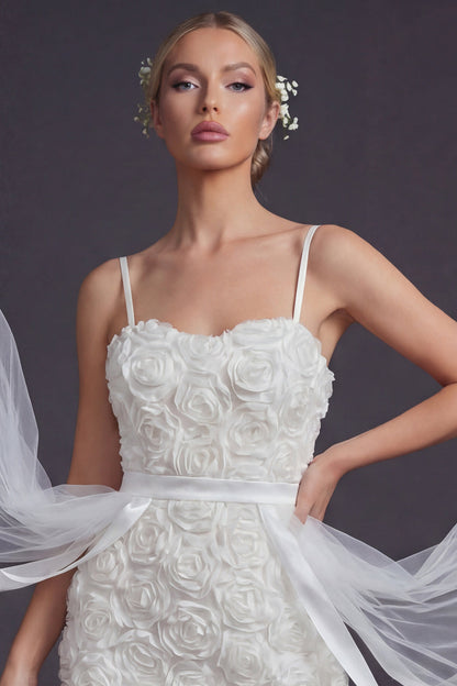 White Bodycon Short Floral Spaghetti Straps Boho Wedding Dress with Cape