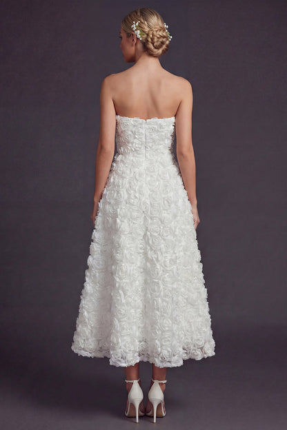 White Strapless Maxi A Line Boho Wedding Dress with 3D Flowers