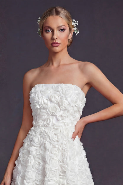 White Strapless Maxi A Line Boho Wedding Dress with 3D Flowers