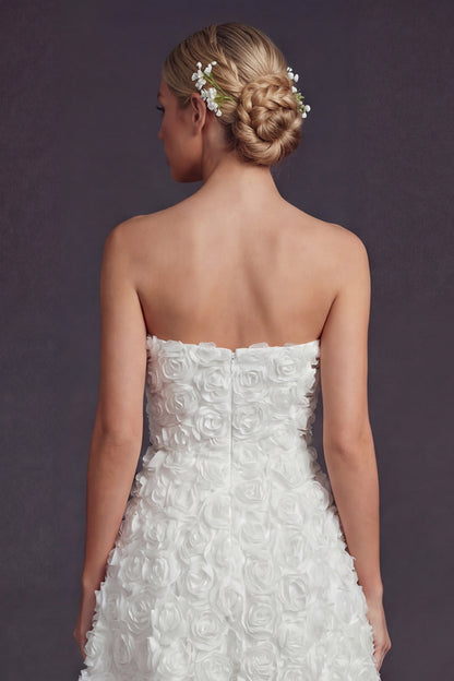 White Strapless Maxi A Line Boho Wedding Dress with 3D Flowers