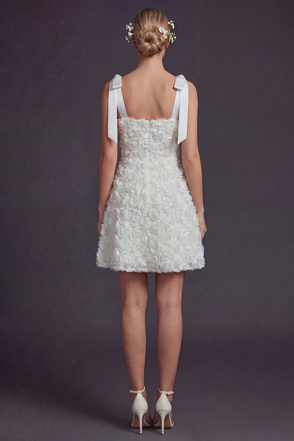 White A Line Square Neck Floral Short Boho Wedding Dress with Bow