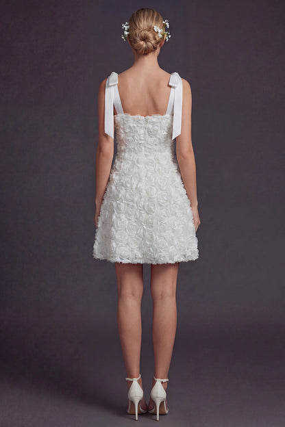 White A Line Square Neck Floral Short Boho Wedding Dress with Bow