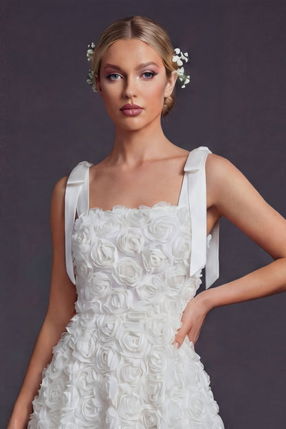 White A Line Square Neck Floral Short Boho Wedding Dress with Bow