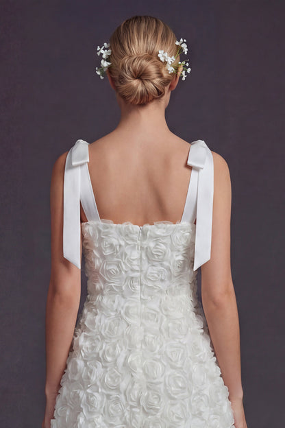 White A Line Square Neck Floral Short Boho Wedding Dress with Bow