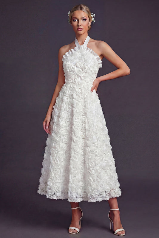 White Halter Maxi A Line Ruffled Boho Wedding Dress with 3D Flowers