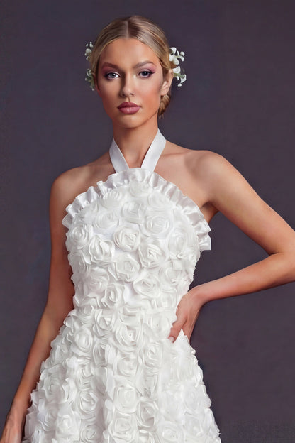 White Halter Maxi A Line Ruffled Boho Wedding Dress with 3D Flowers