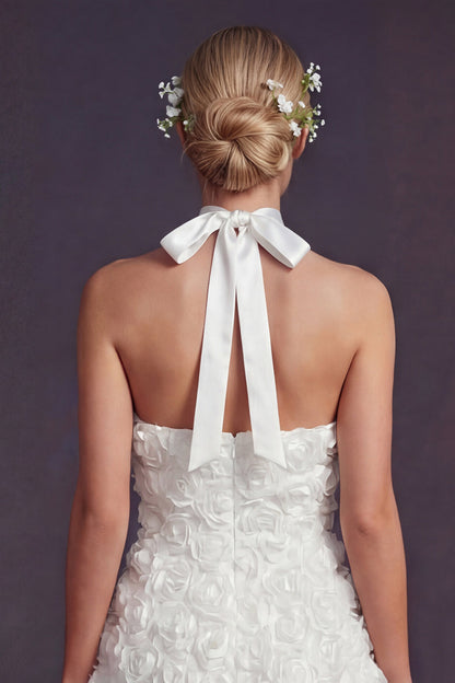 White Halter Maxi A Line Ruffled Boho Wedding Dress with 3D Flowers