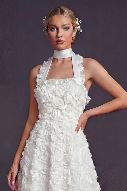White A Line Halter Maxi Ruffled Boho Wedding Dress with 3D Flowers