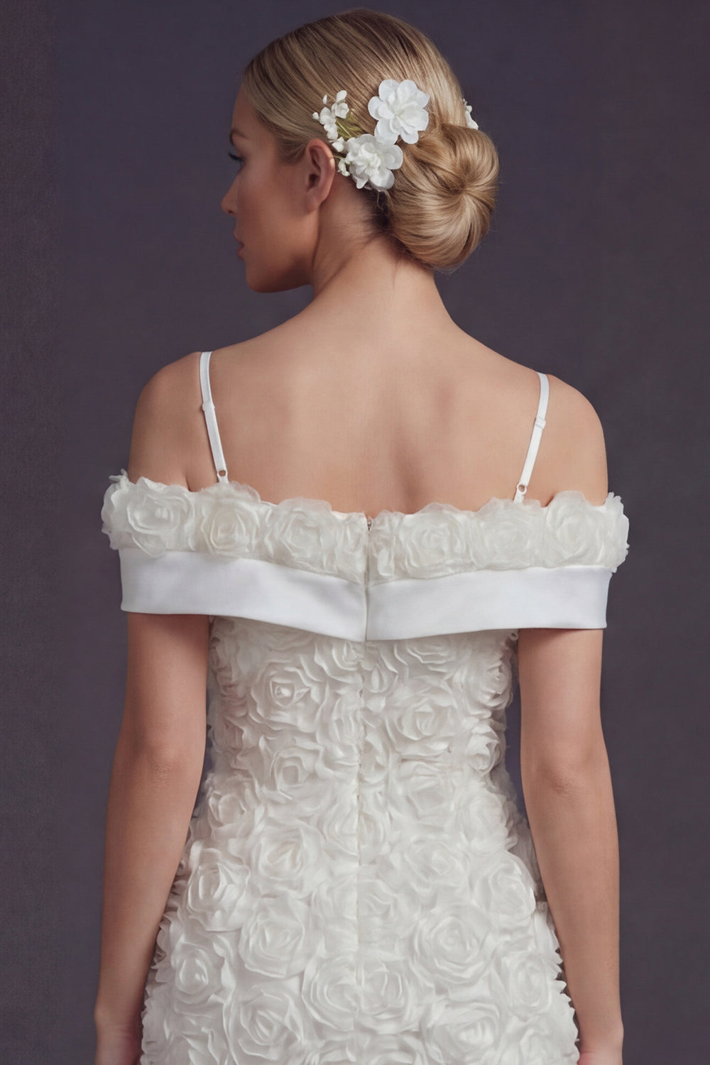 White Cold Shoulder Short Boho Wedding Dress with 3D Flowers