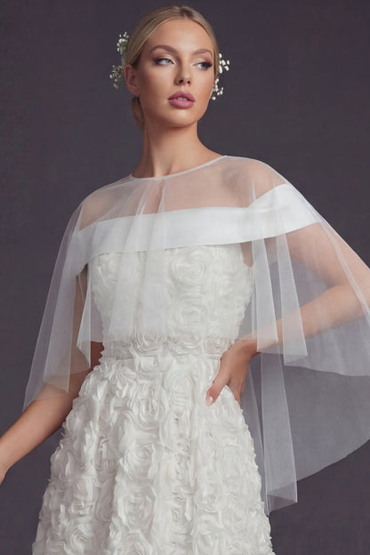 White Sweep Train A Line Floral Boho Wedding Dress with Cape