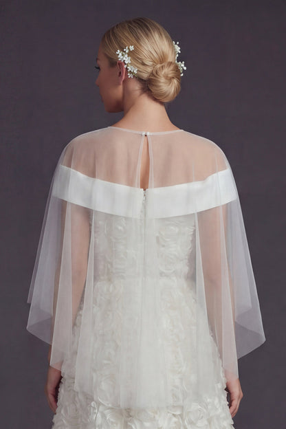 White Sweep Train A Line Floral Boho Wedding Dress with Cape