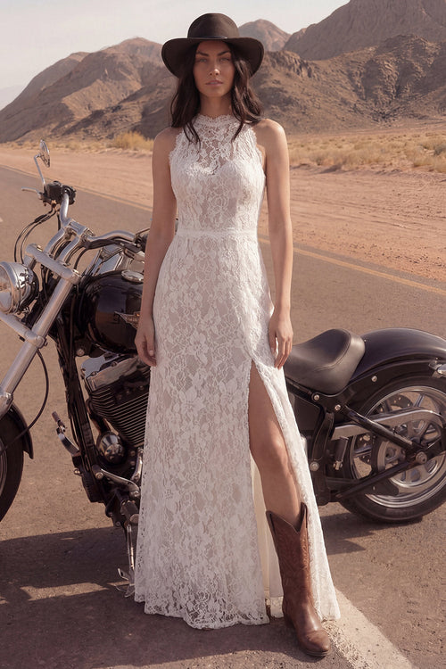 Sheath Floral Ivory Lace Maxi Boho Wedding Dress with Slit