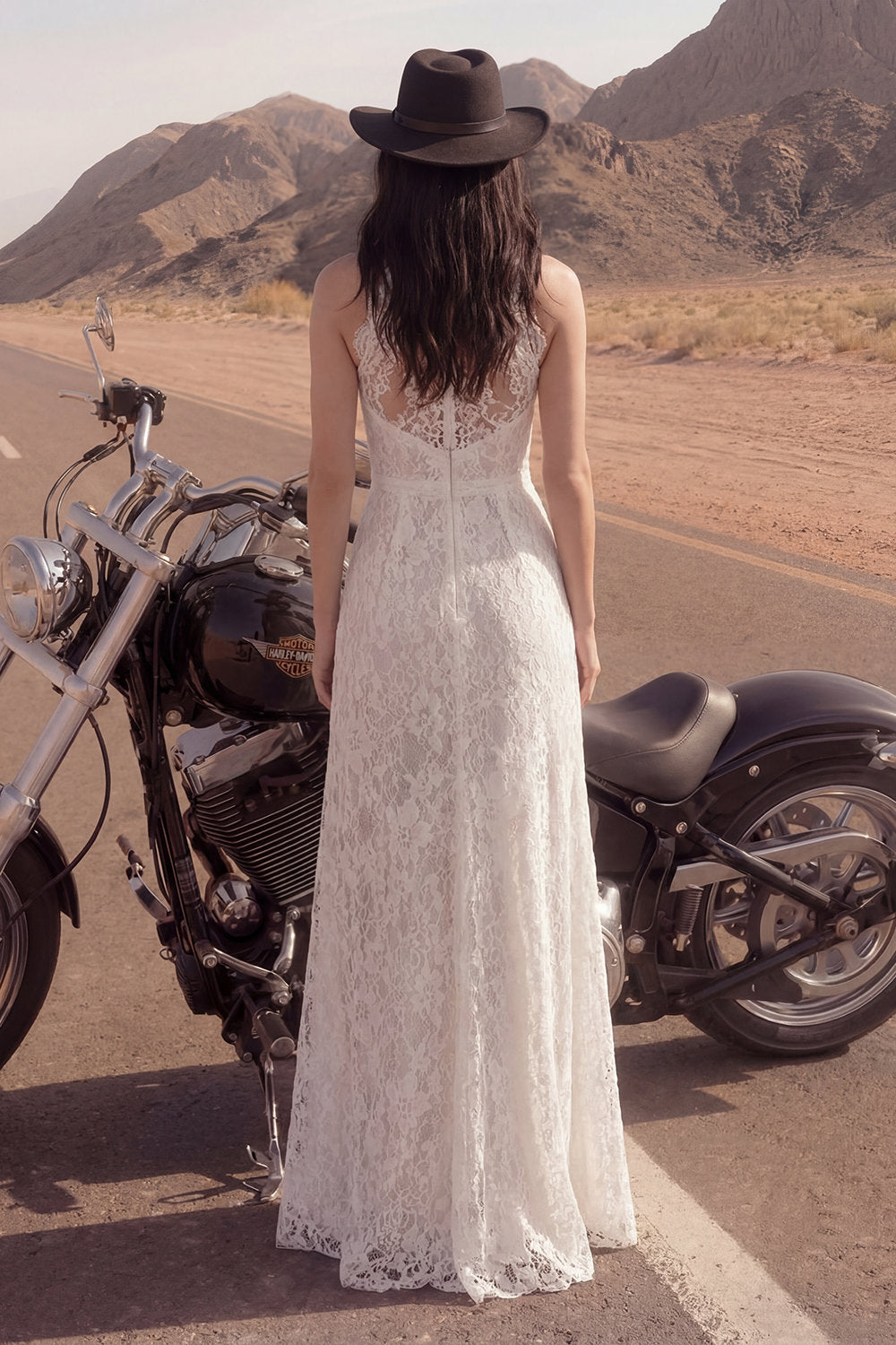 Sheath Floral Ivory Lace Maxi Boho Wedding Dress with Slit